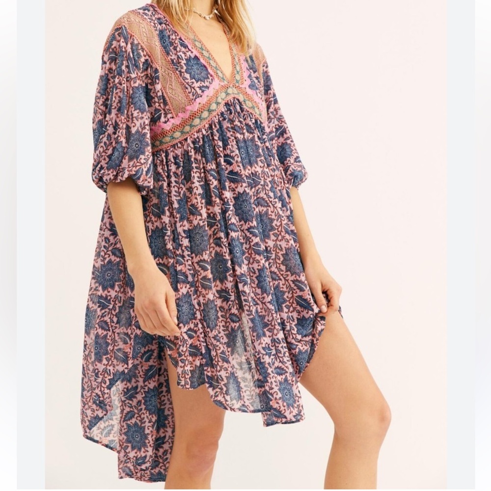 Free People Navy Pink Floral Boho Moon Child Maxi Top Mini Dress S